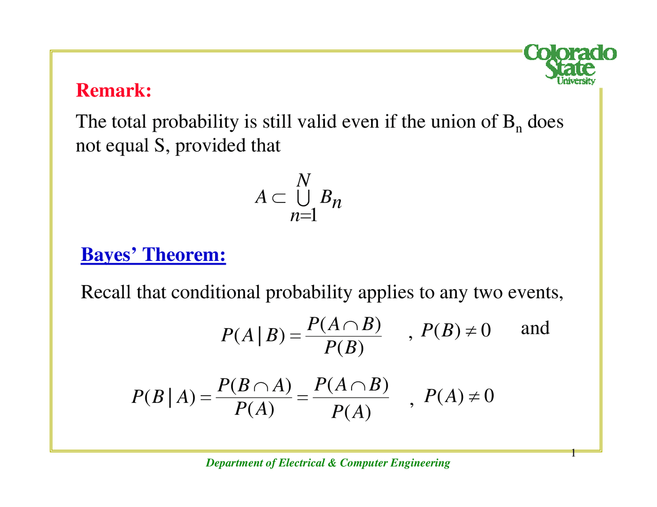 Bayes Theorem with Examples - Lecture Slides | ECE 303 - Docsity