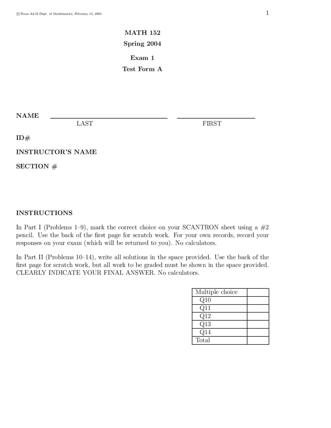 Exam 1 Test Form A - Engineering Mathematics II | MATH 152 - Docsity