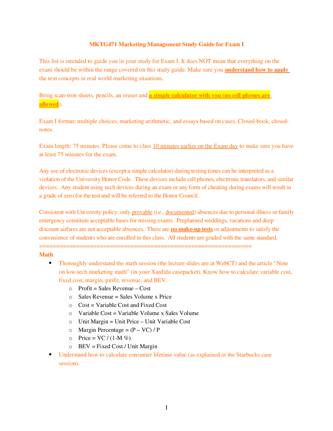 Marketing Management Study Guide for Exam 1 | MKTG 471 - Docsity