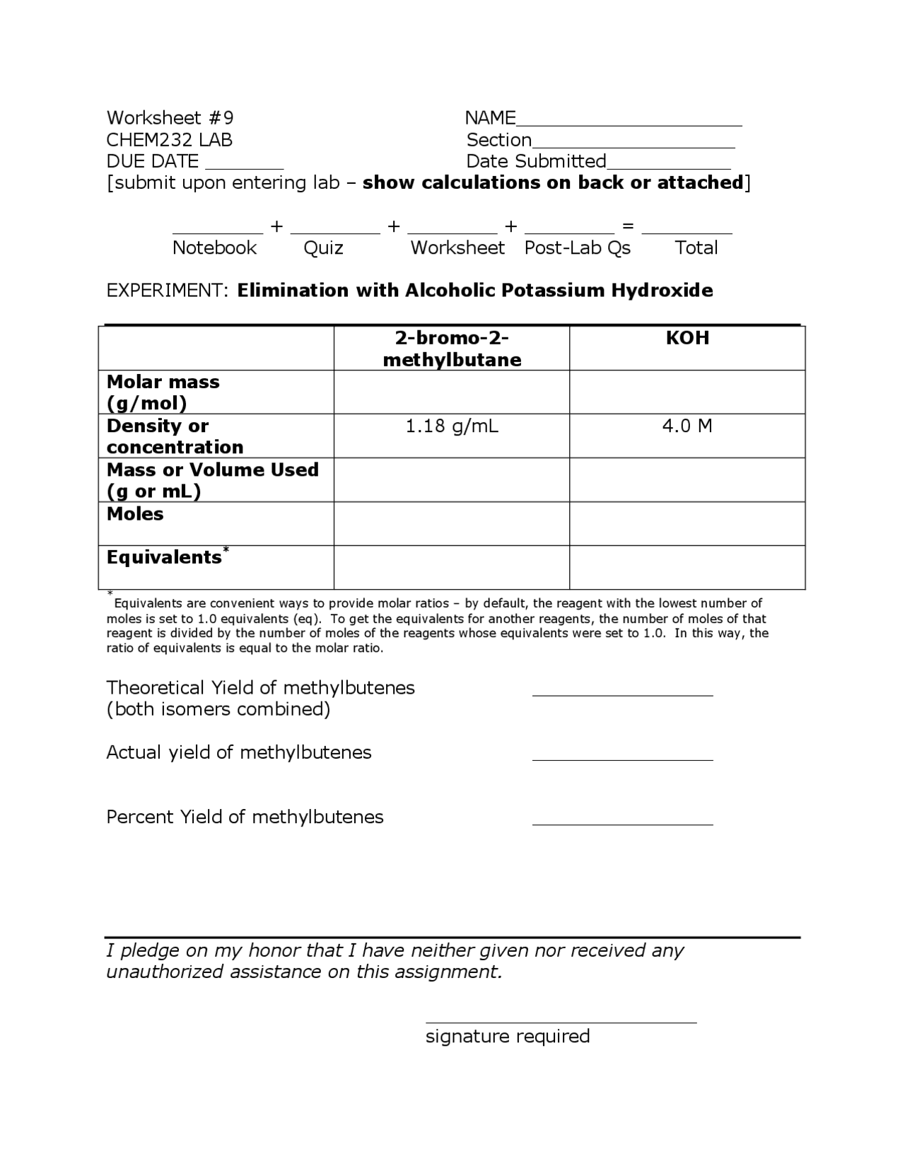 Lab Worksheet 9 | Organic Chemistry Lab I | CHEM 232 | Lab Reports ...