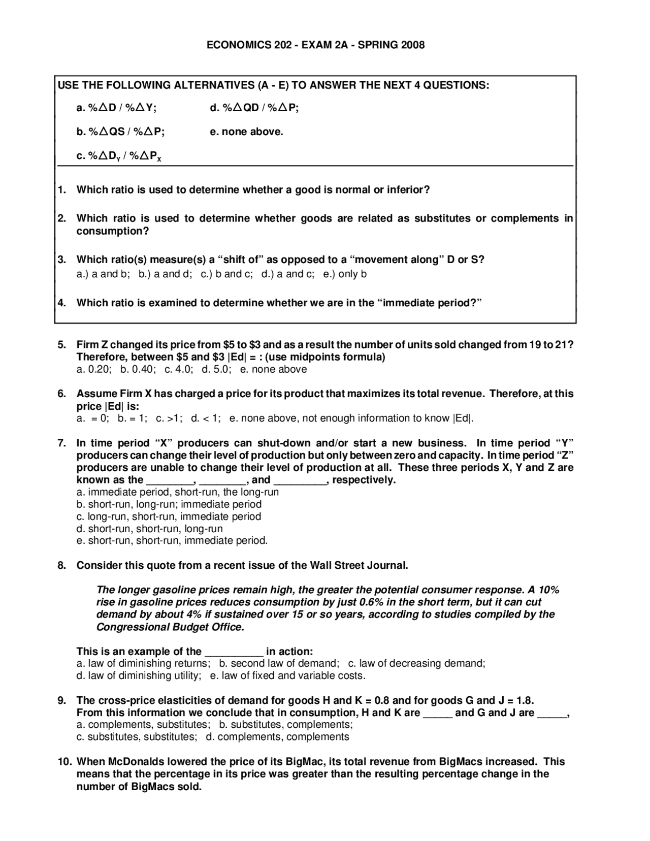 Exam 2 - Spring 2008 | Principles of Economics | ECON 202 - Docsity
