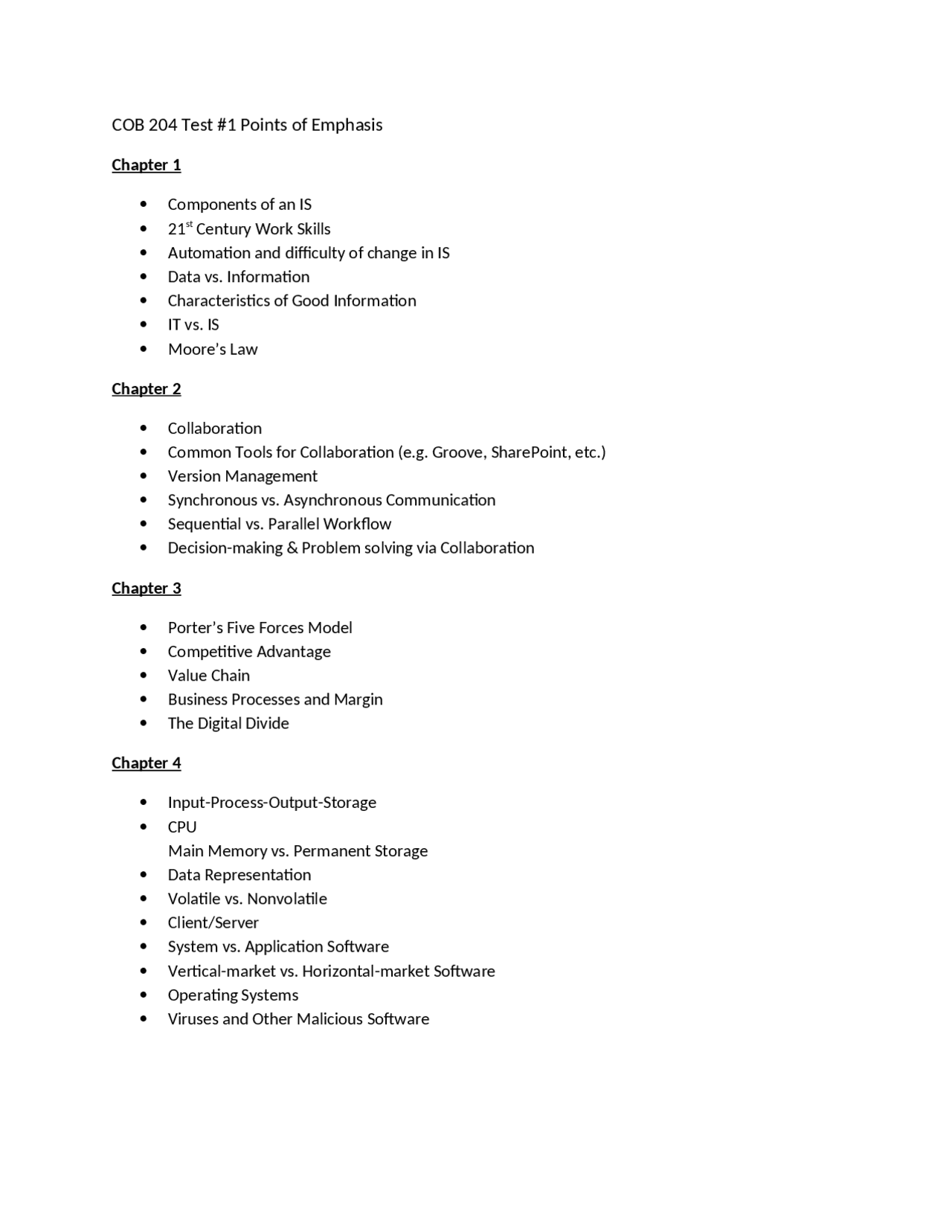 Study Guide Test 1 Computer Information System COB 204 Docsity