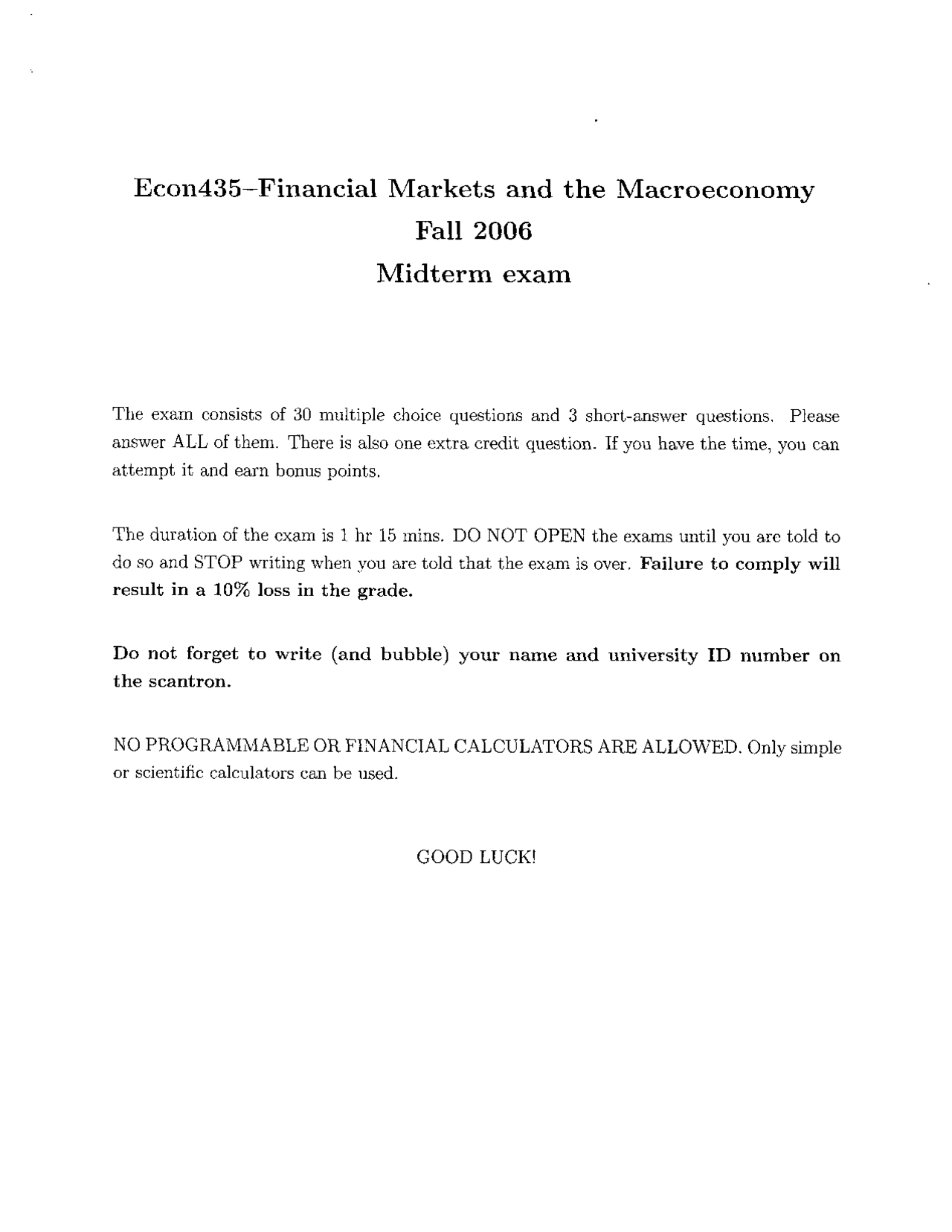 Midterm Exam with Answers - Financial Economics - Fall 2006 | ECON 435 ...