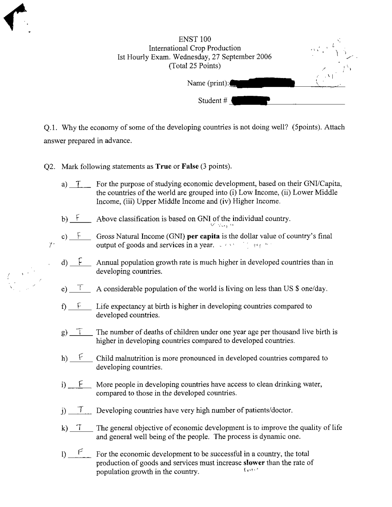 First Exam with Answers International Crop Production ENST 100