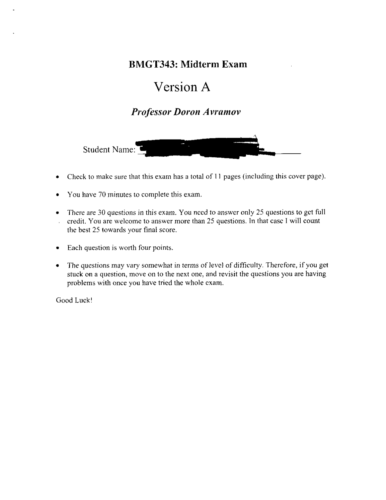 Midterm Exam with Answer Investments BMGT 343 Exams Investment