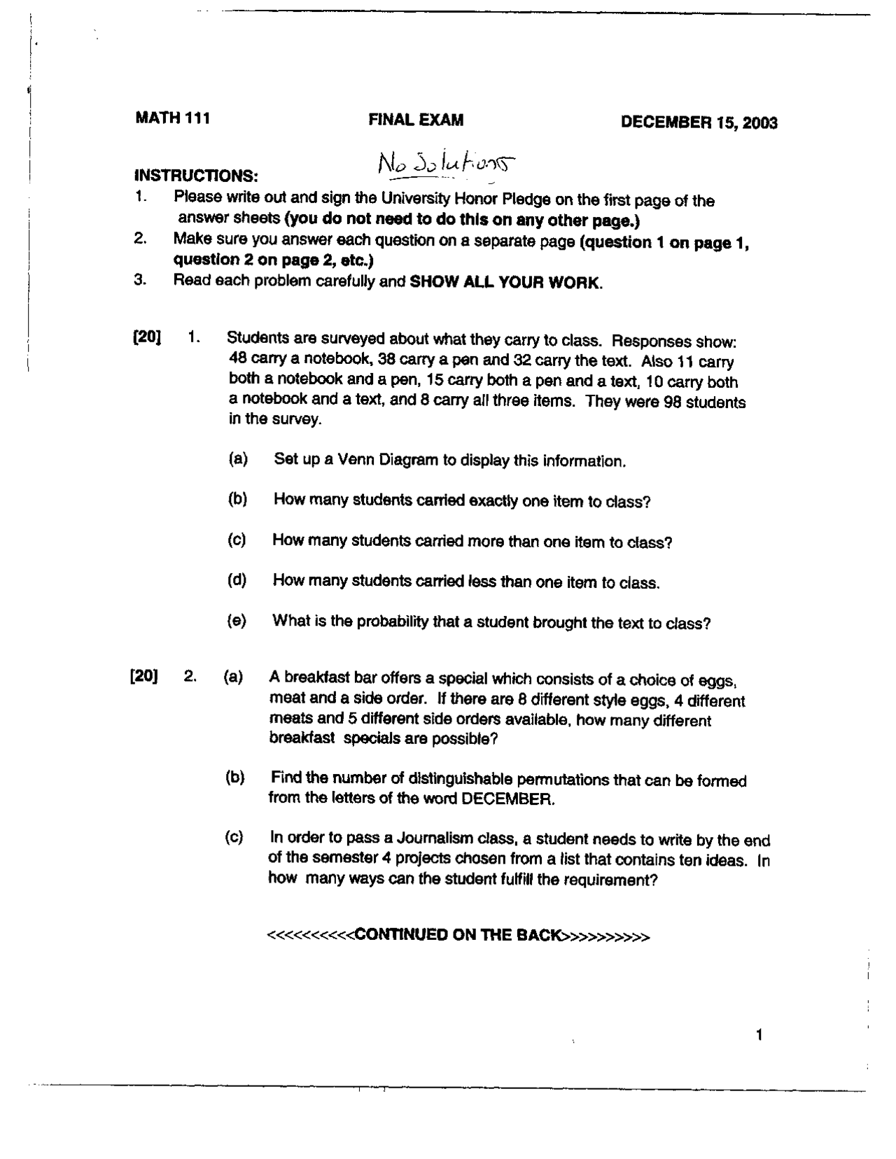 MATH 11 Final Exam Instructions and Problems | Exams Probability and ...