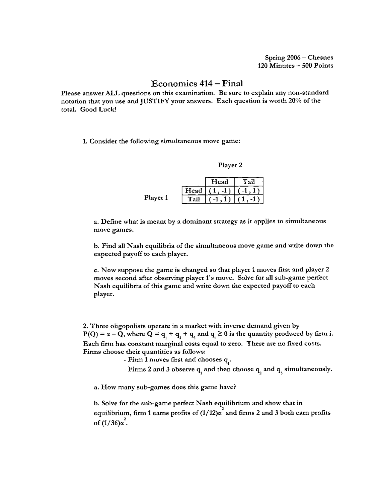 Economics Game Theory Final Examination | ECON 414 | Exams Economics |  Docsity