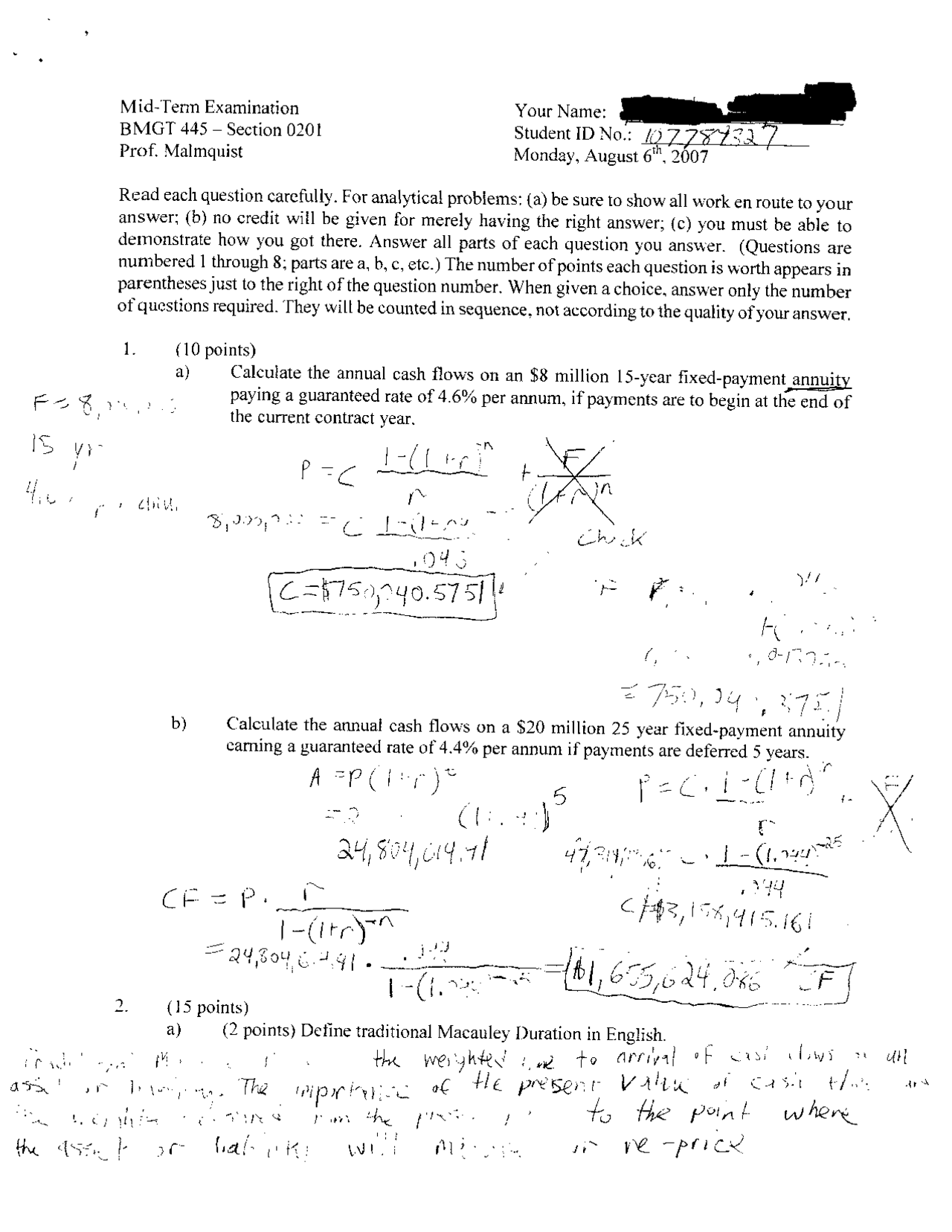 Solutions for Midterm Exam Banking and Financial Institutions BMGT