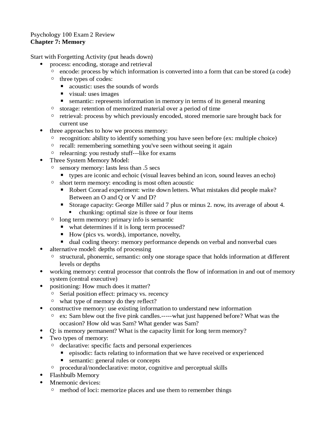 Introduction to Psychology - Exam 2 Review | PSYC 100 | Study notes ...