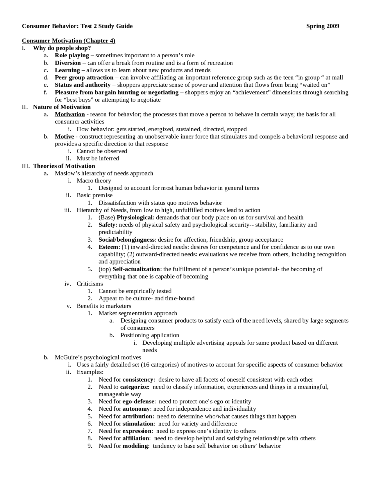 Test 2 Study Guide for Consumer Behavior | MKTG 4204 - Docsity