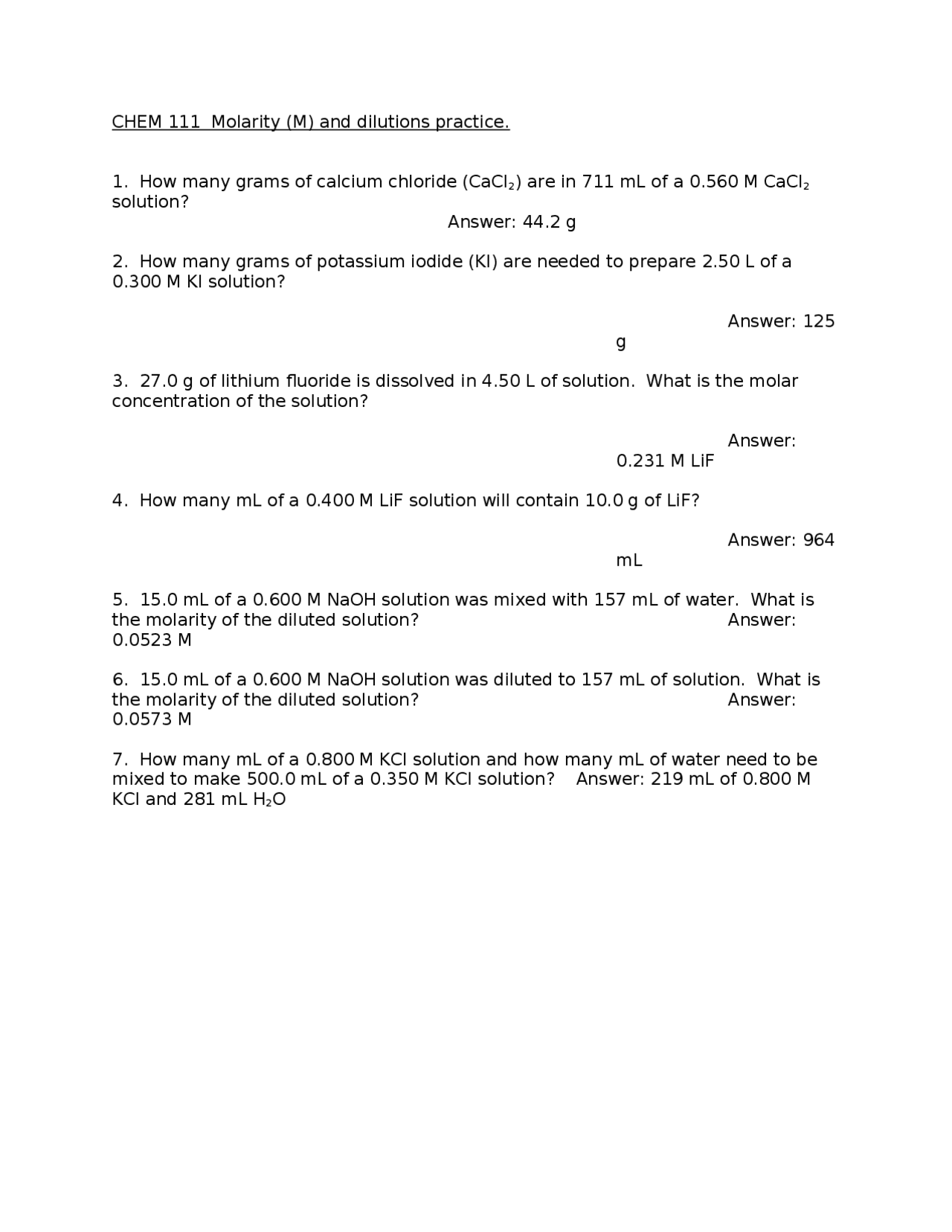 Practice Solutions of Problems on Molarity and Dilution | CHEM 111 ...