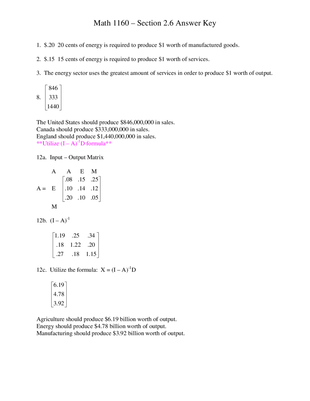 Assignment 2 , Input-Output Matrix - Finite Math/Applications | MATH ...