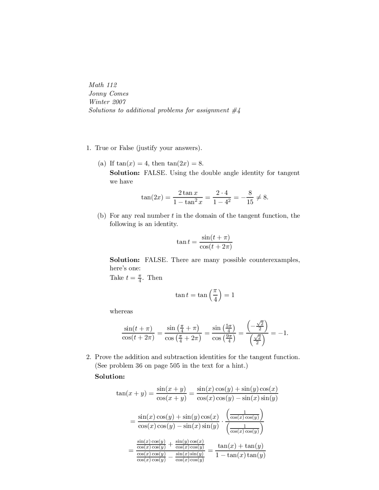 5 Solved Questions For Assignment 4 Elementary Functions Fall 07 Math 112 Docsity