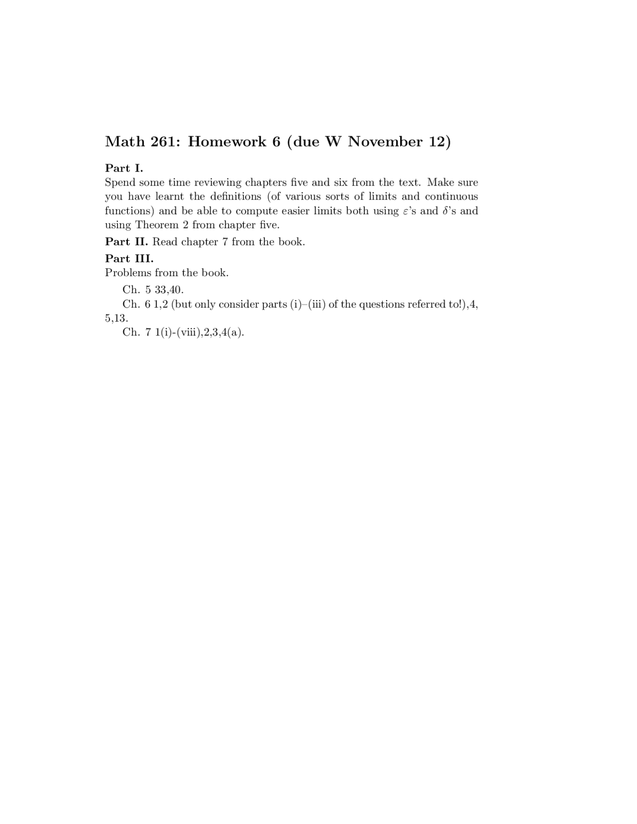 Problems on Calculus with Theory I - Assignment 6 | MATH 261 - Docsity