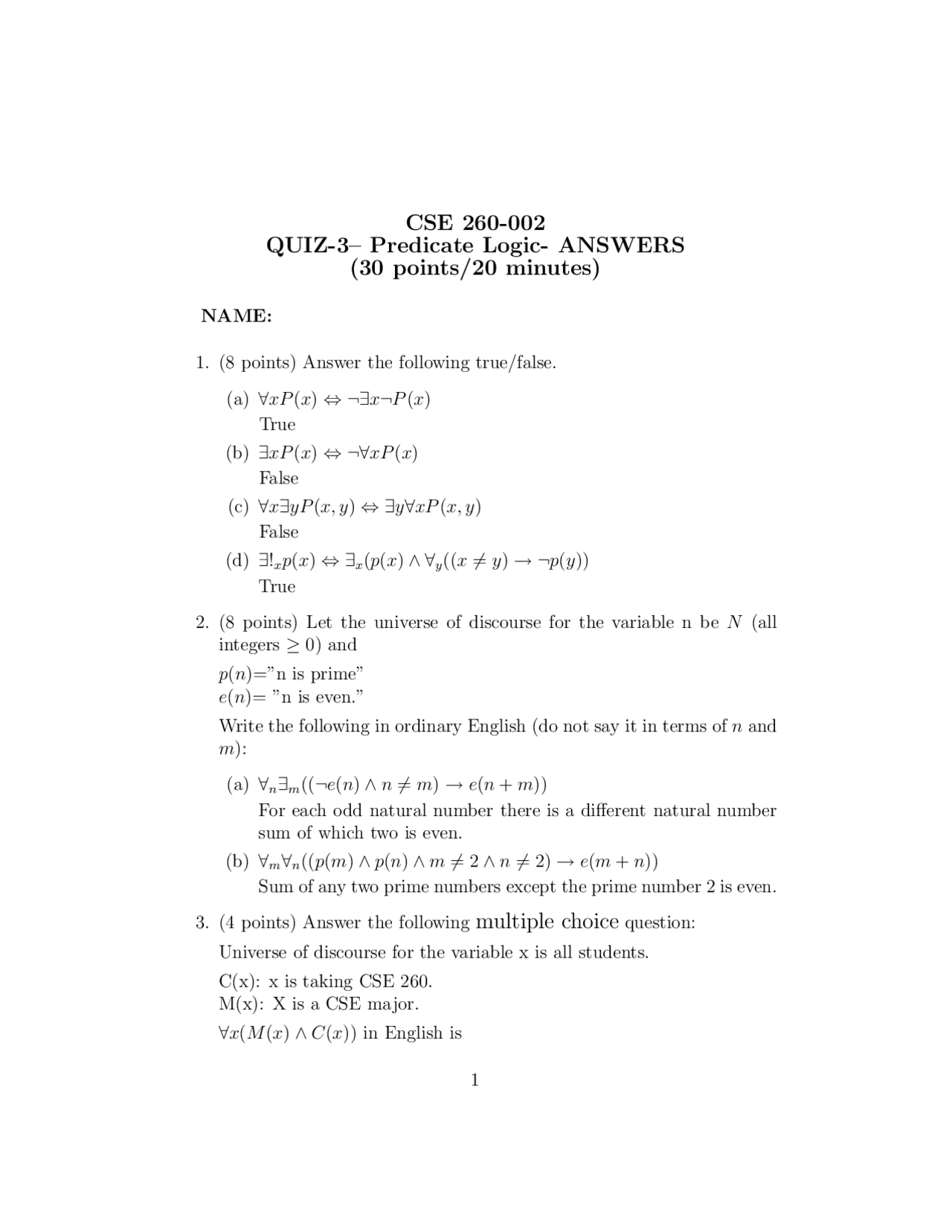 Predicate Logic Answer Discrete Structures Computer Science Cse 260 Docsity