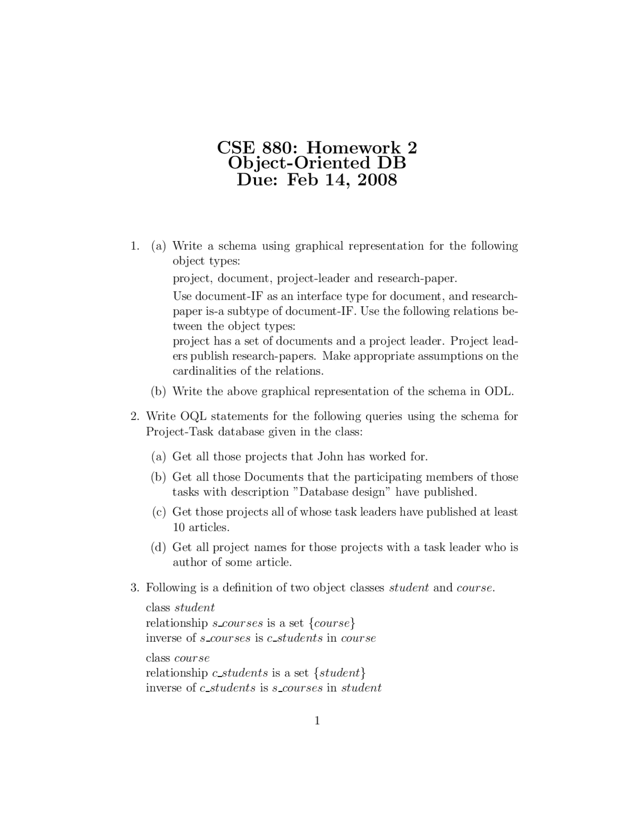 Assignment 2, Object Oriented DB - Advanced Database Systems | CSE 880 ...