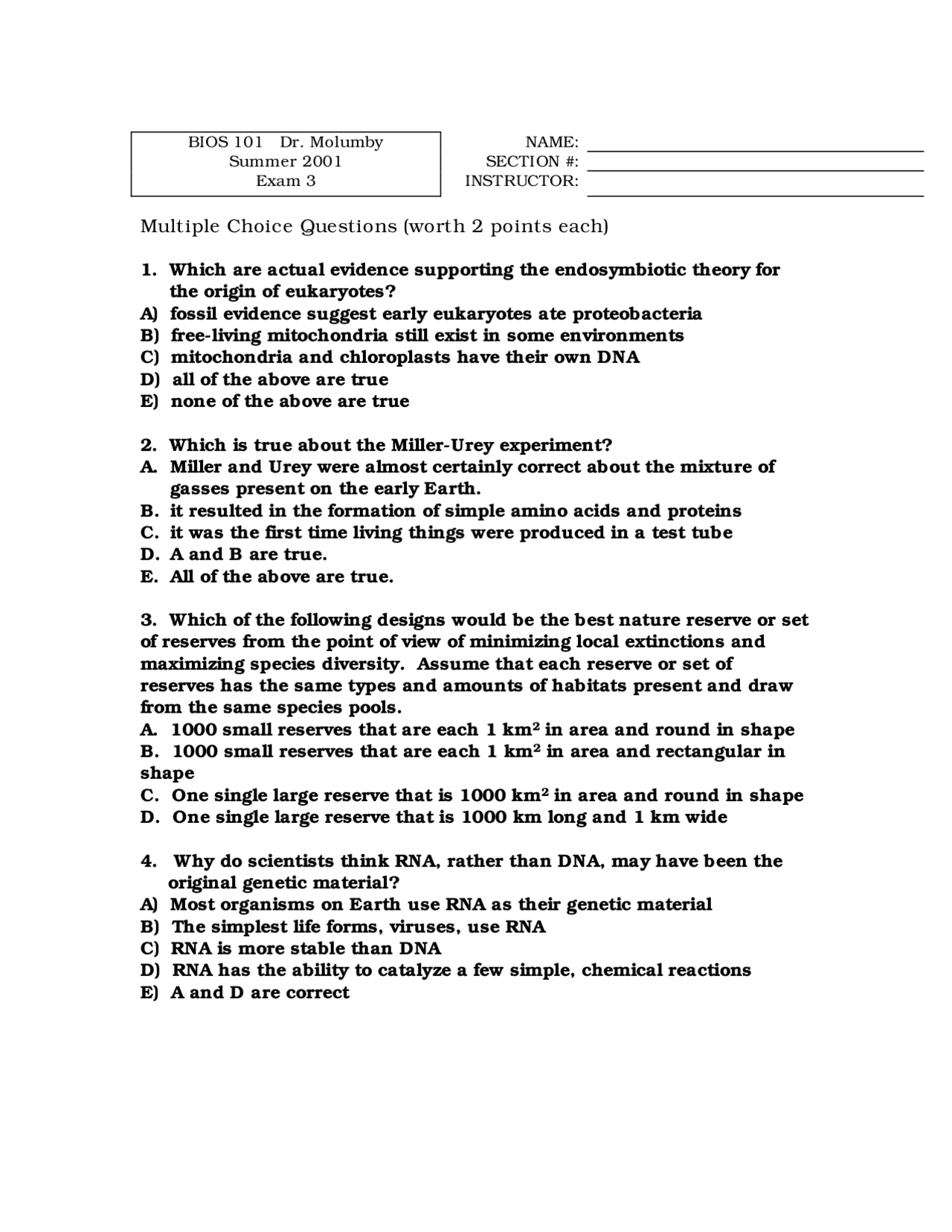 Exam 3 Multiple Choice Questions - Biology of Populations and ...