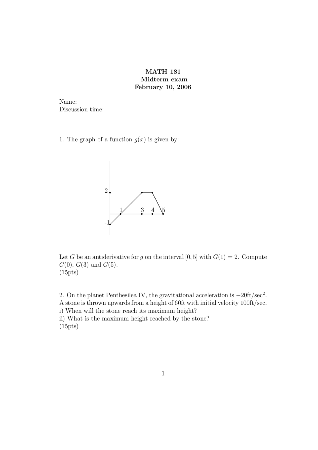 Practice Problems on Calculus II - Exam 1 | MATH 181 - Docsity