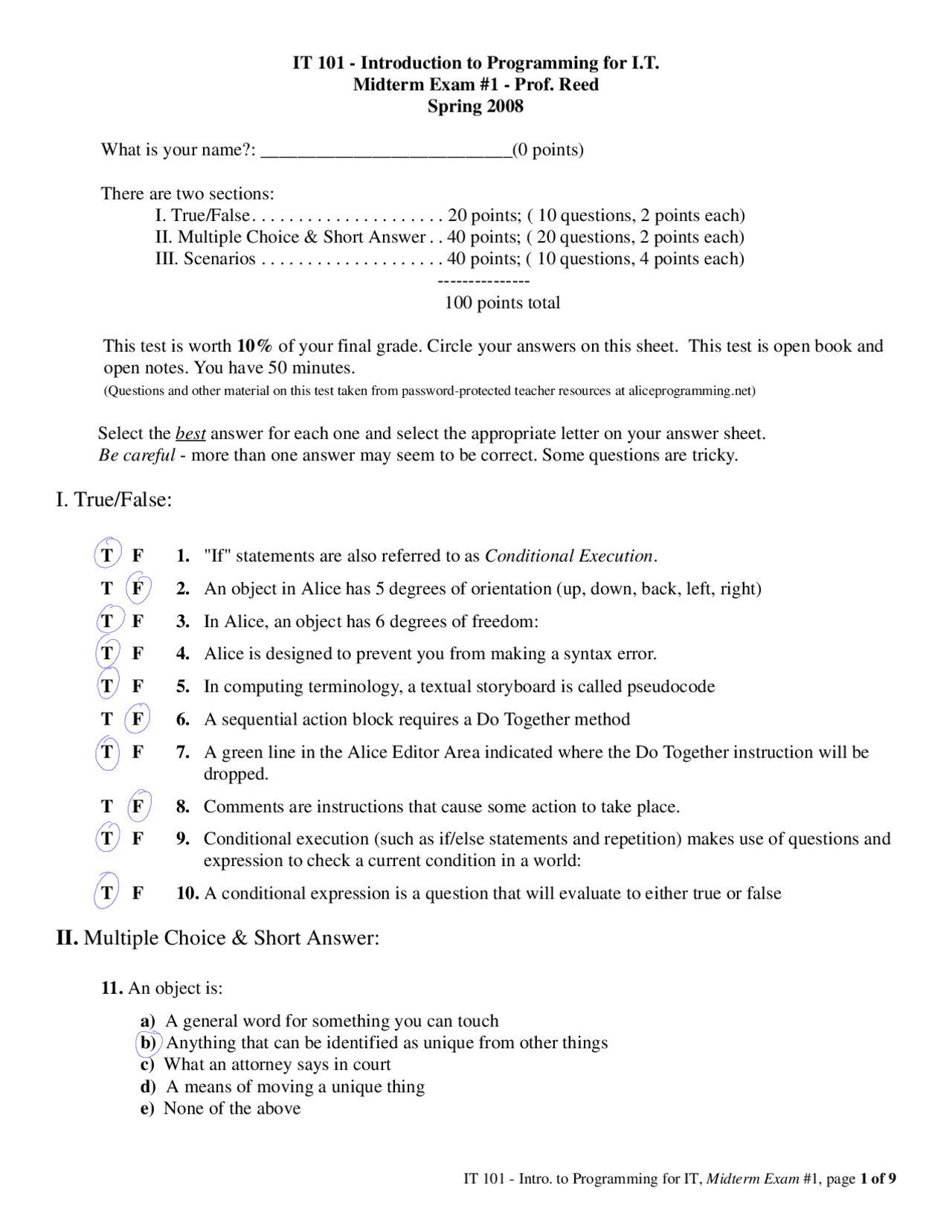Sample Midterm Exam 1 - Java Programming for Information Technology ...