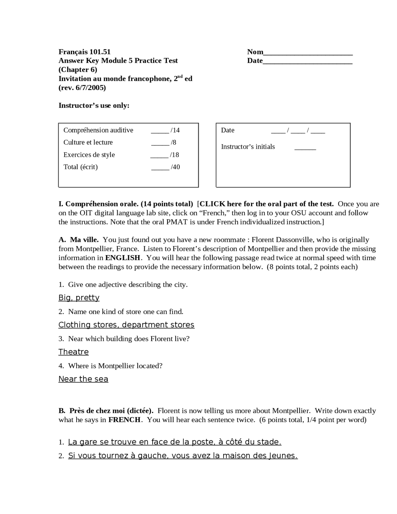 Answer Key Module 5 Practice Test for Classroom Track | FRENCH 101 ...