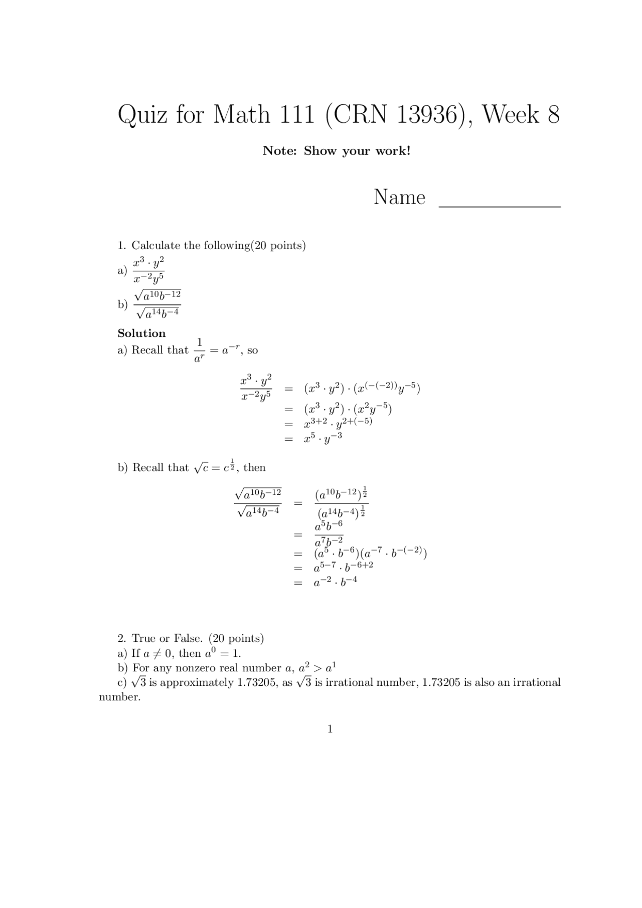 Math 111 Week 8 Quiz Solutions and Problems | Quizzes Algebra | Docsity