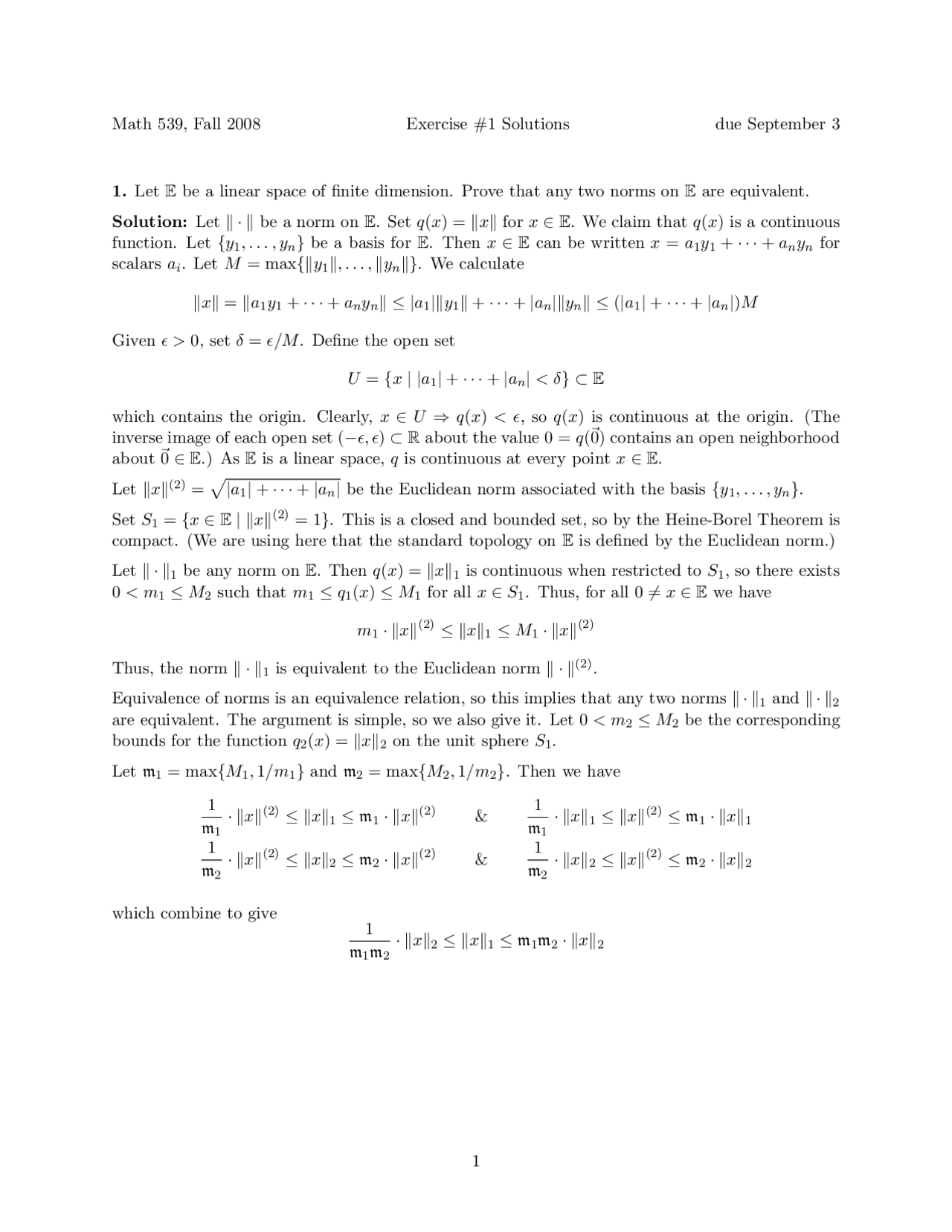 Assignment 1 Solutions - Functional Analysis I | MATH 539 - Docsity