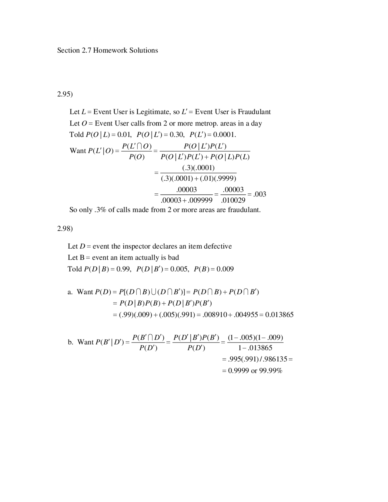 Probability Theory: Homework Solutions for Sections 2.7, 3.14, 3.27, 3. ...