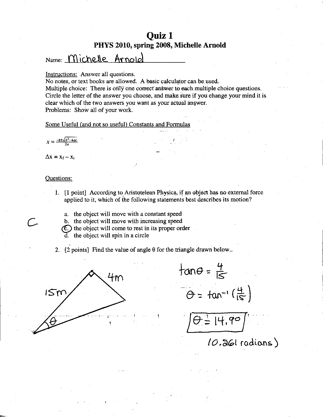 Quiz 1 with Solution - PS/SI College Physics I | PHYS 2010 | Quizzes ...