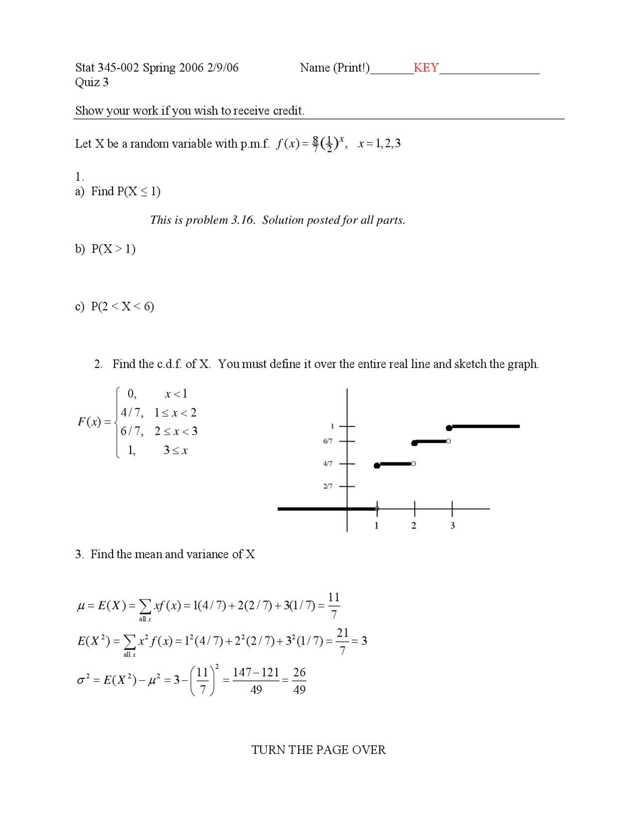 Quiz 3 Answer Key | Elements of Mathematical Statistics and Probability ...