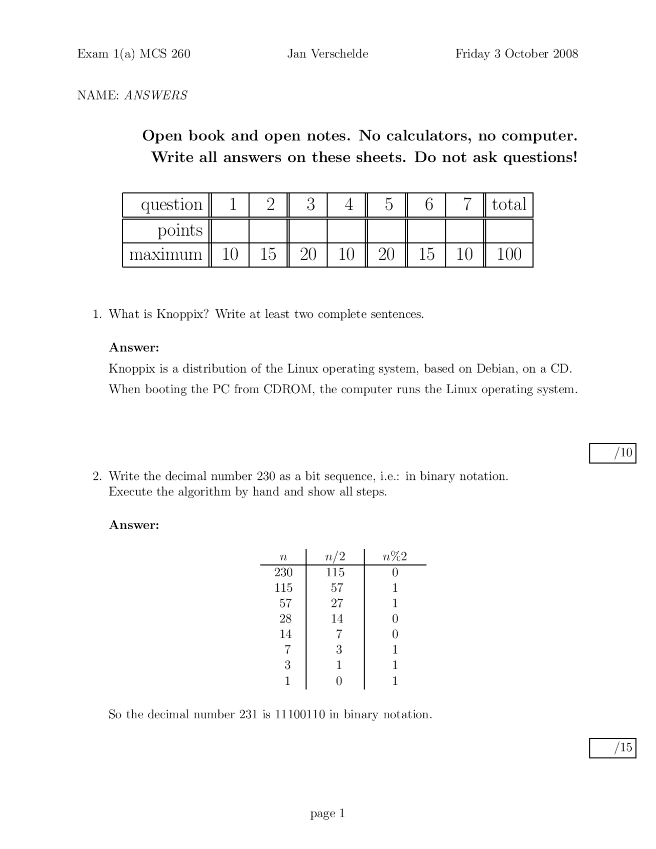 7 Solved Questions in Computer Science - Exam 1 | MCS 260 - Docsity