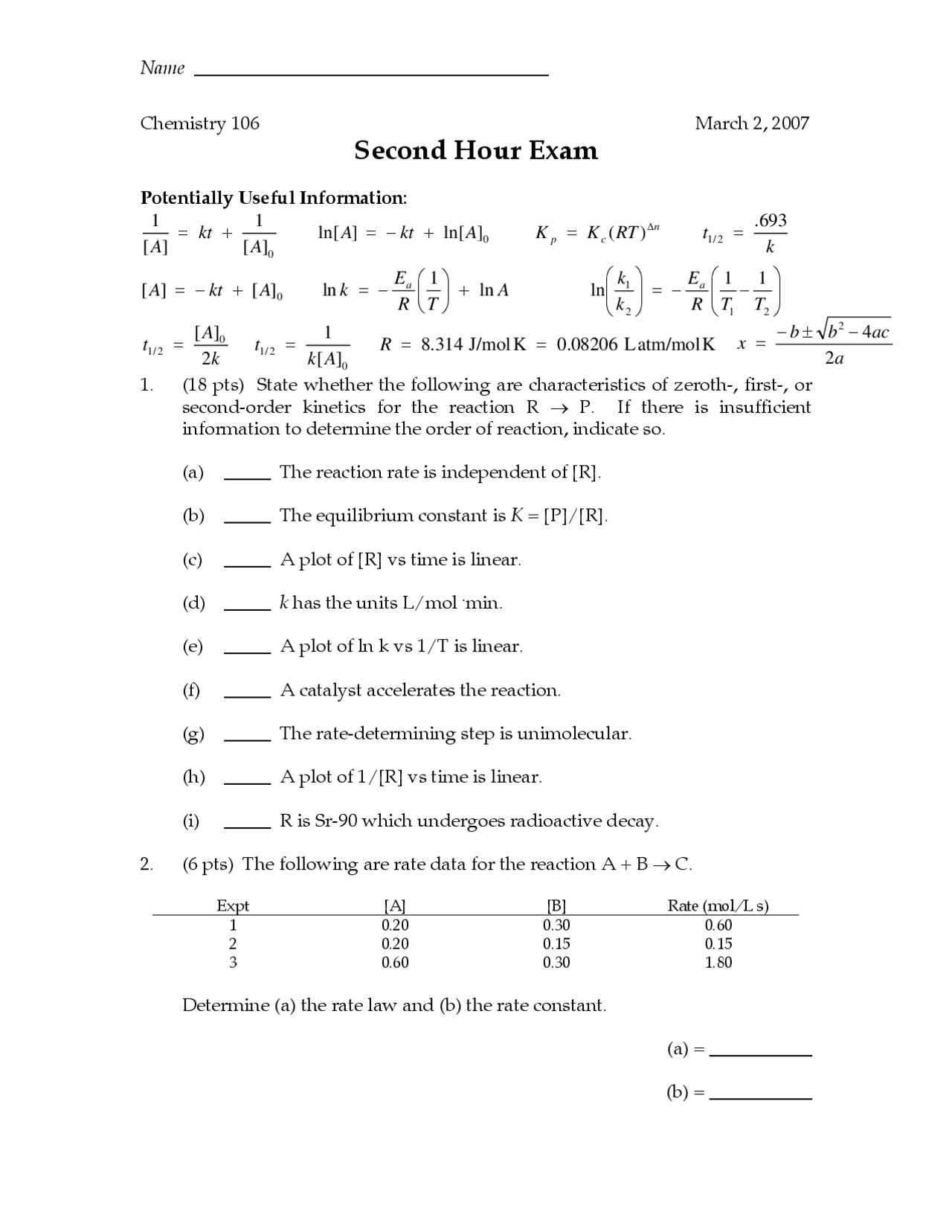 Second Hour Exam Problems - General Chemistry II | CHEM 106 | Exams ...