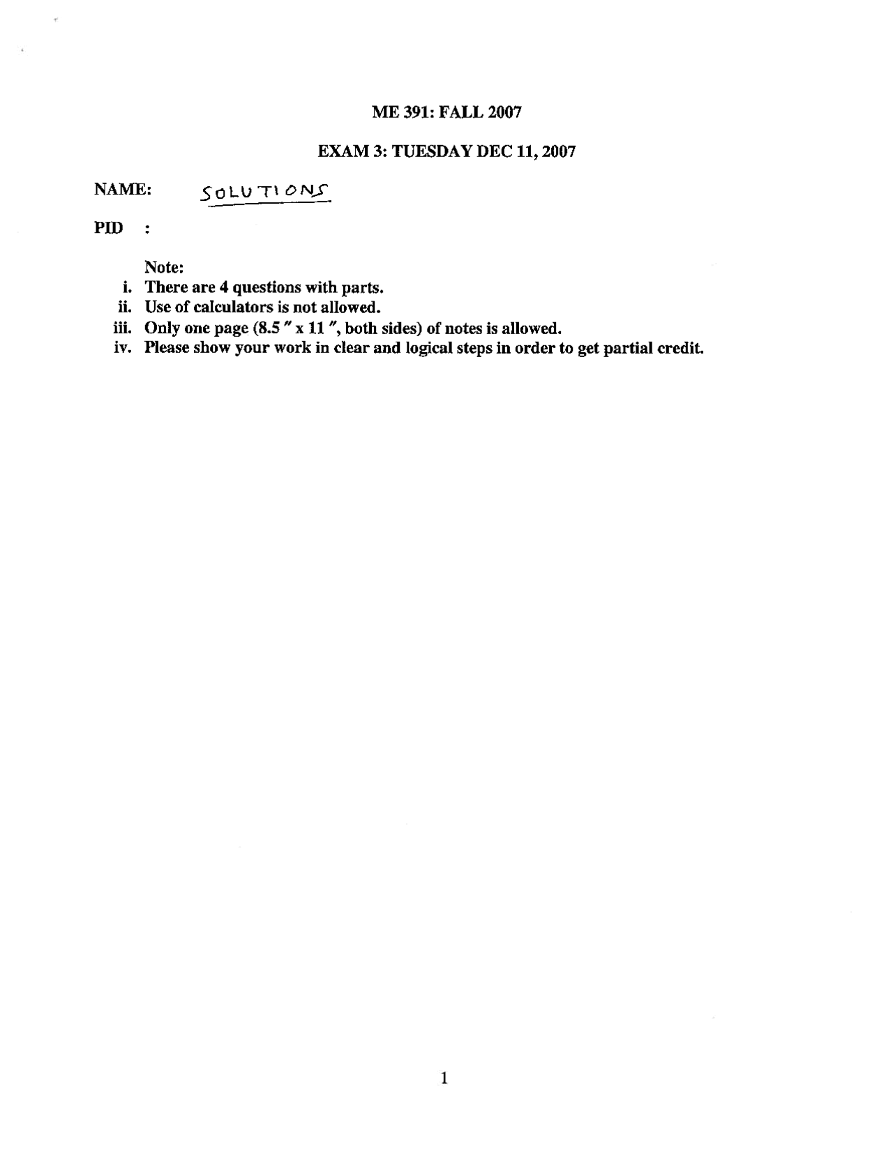 Exam 3 Question with Answer - Mechanical Engineering Analysis | ME 391 ...
