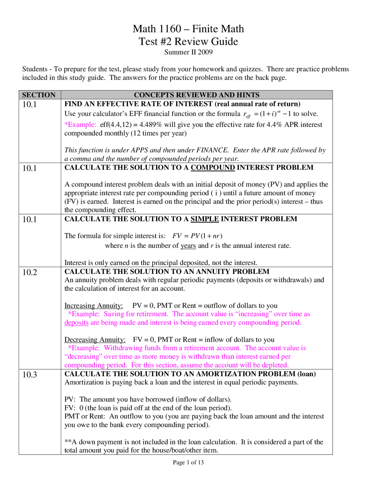 Finite Math Test Question Example Test 2 Review Sheet - Finite Mathematics and Application | MATH 1160 ...