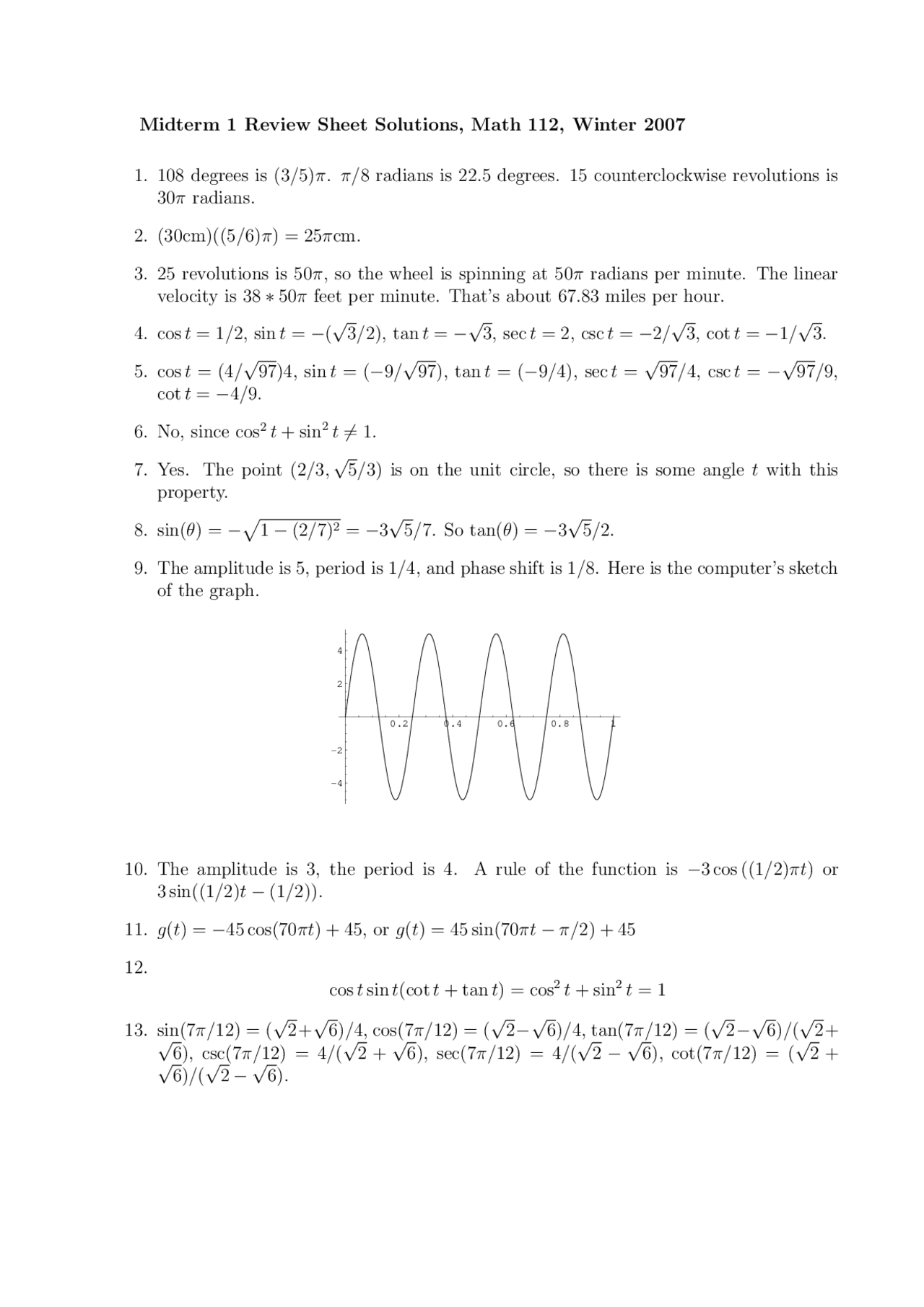 Elementary Functions - Midterm 1 Review Sheet Solutions | MATH 112 ...