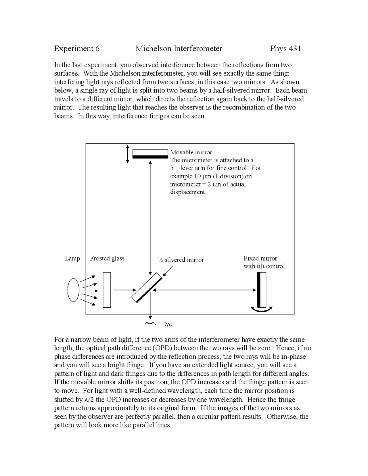 Laboratory Experiment 6 on Michelson Interferometer | PHY 431 - Docsity
