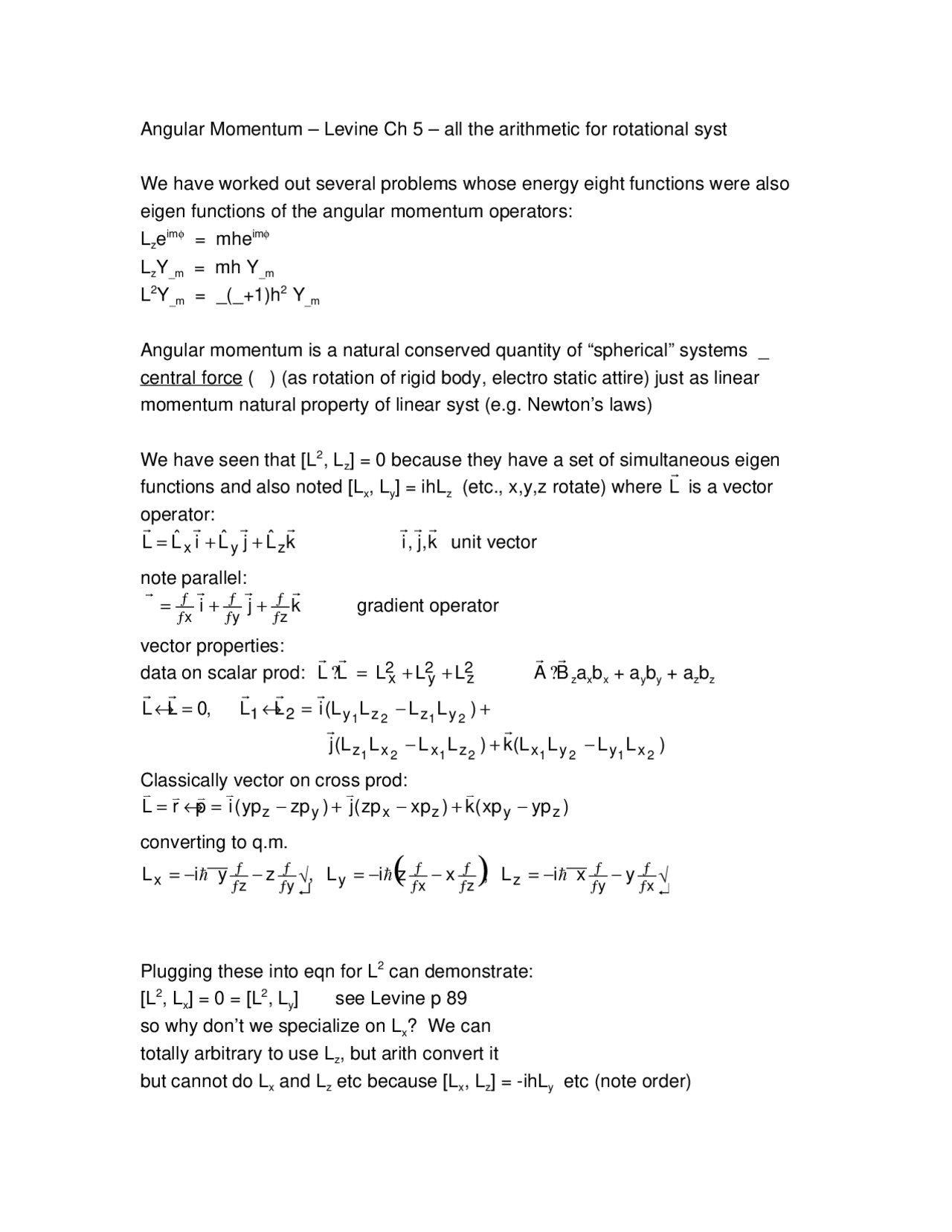 Lecture Notes on Angular Momentum - Quantum Mechanics | CHEM 542 - Docsity