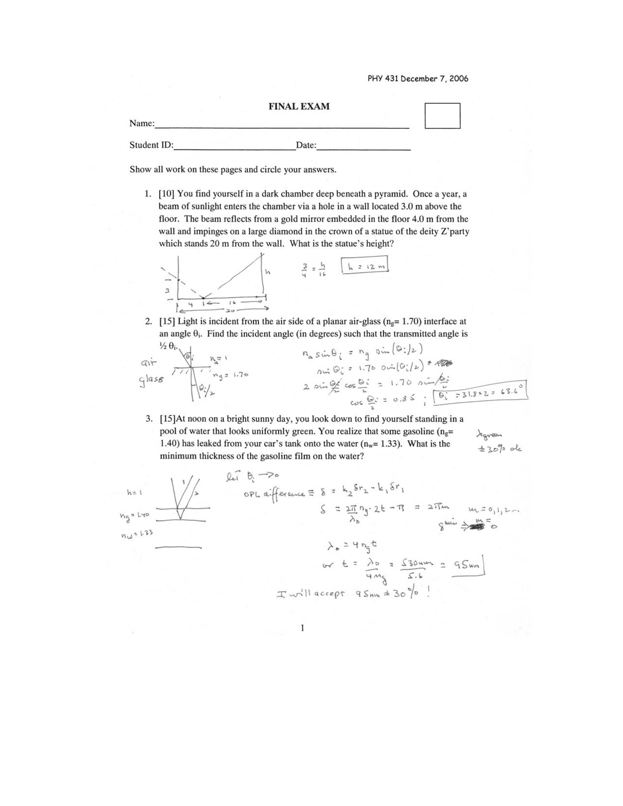 Final Exam with Solution - Optics I | PHY 431 - Docsity