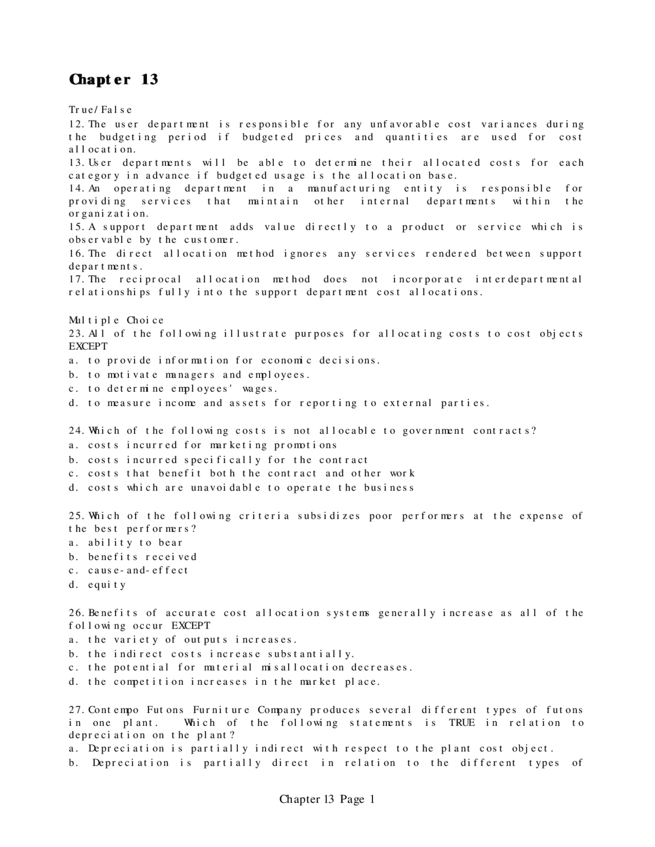 Cost Accounting Exam Unsolved Questions ACTG 326 Docsity