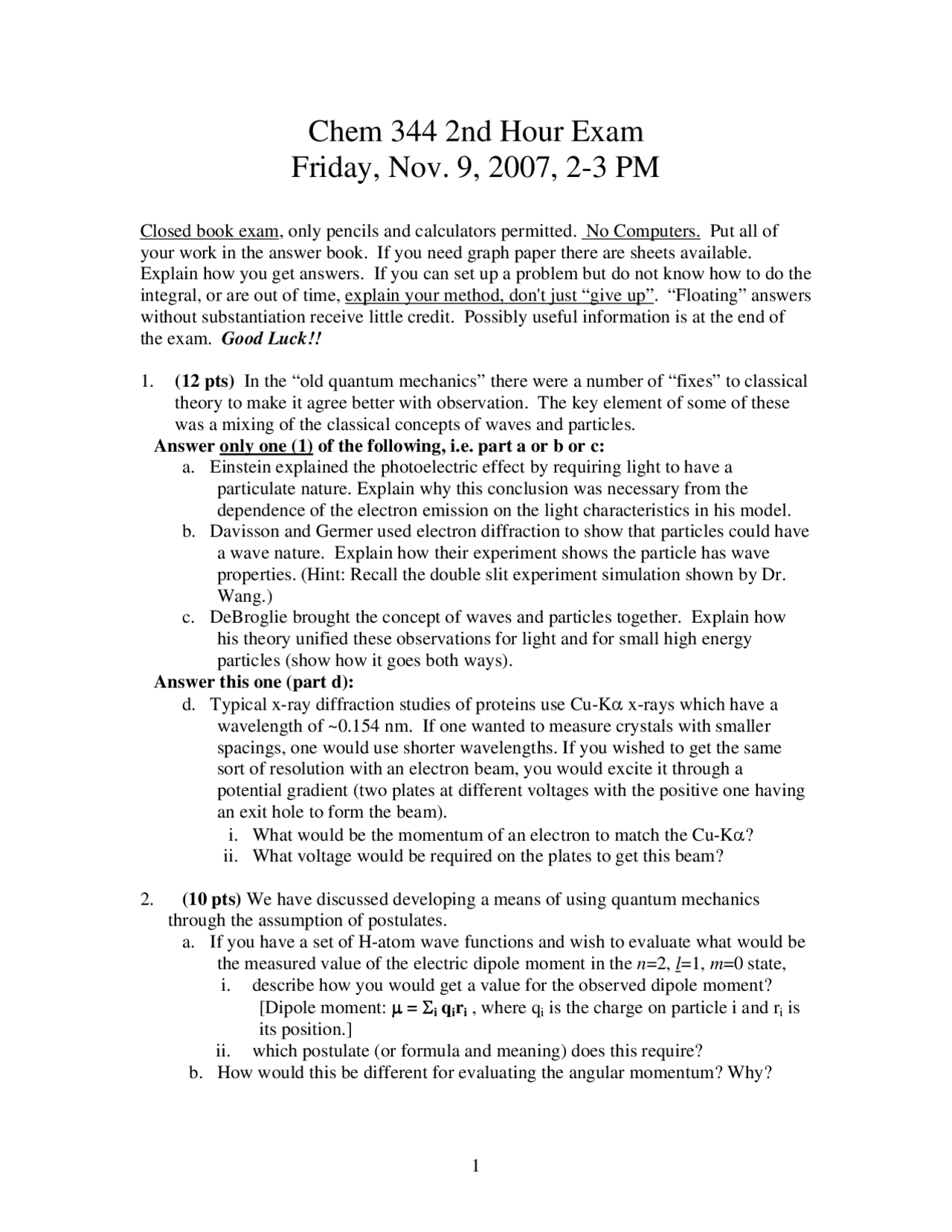 Old Exam 2 with Answers - Physical Chemistry for Biochemists II | CHEM ...