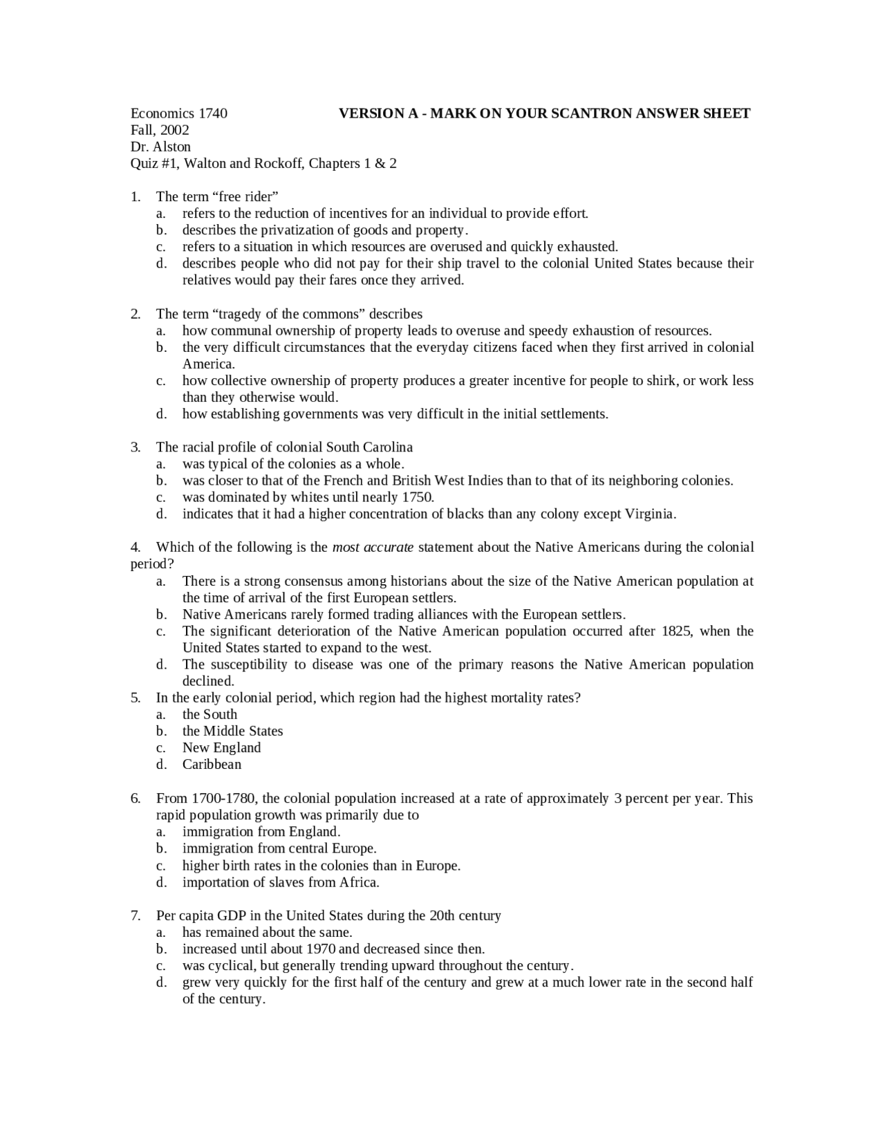 Quiz 1 with Answers Key - Al Economic History of the U S | ECON 1740 - Docsity