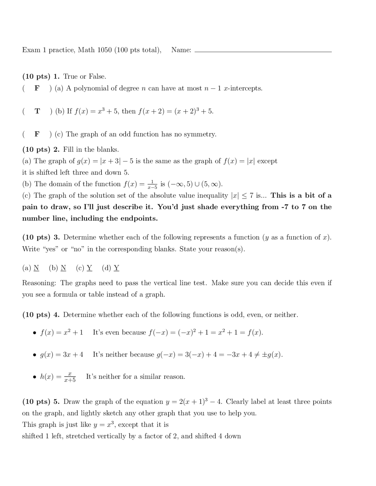 Practice Exam #1 - Quantitative Literacy College Algebra | MATH 1050 ...