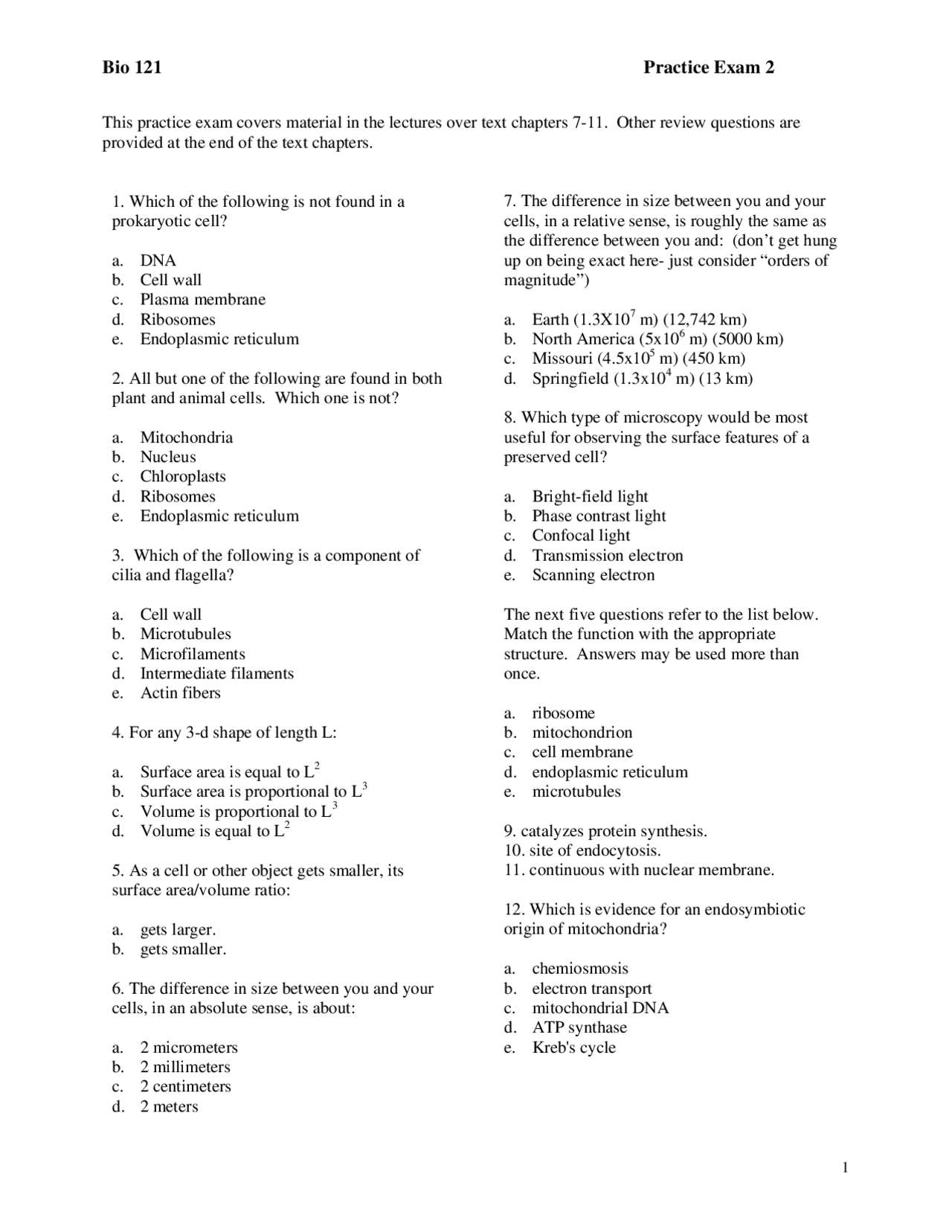 General Biology I - Practice Exam 2 for Biology | BIO 121 - Docsity