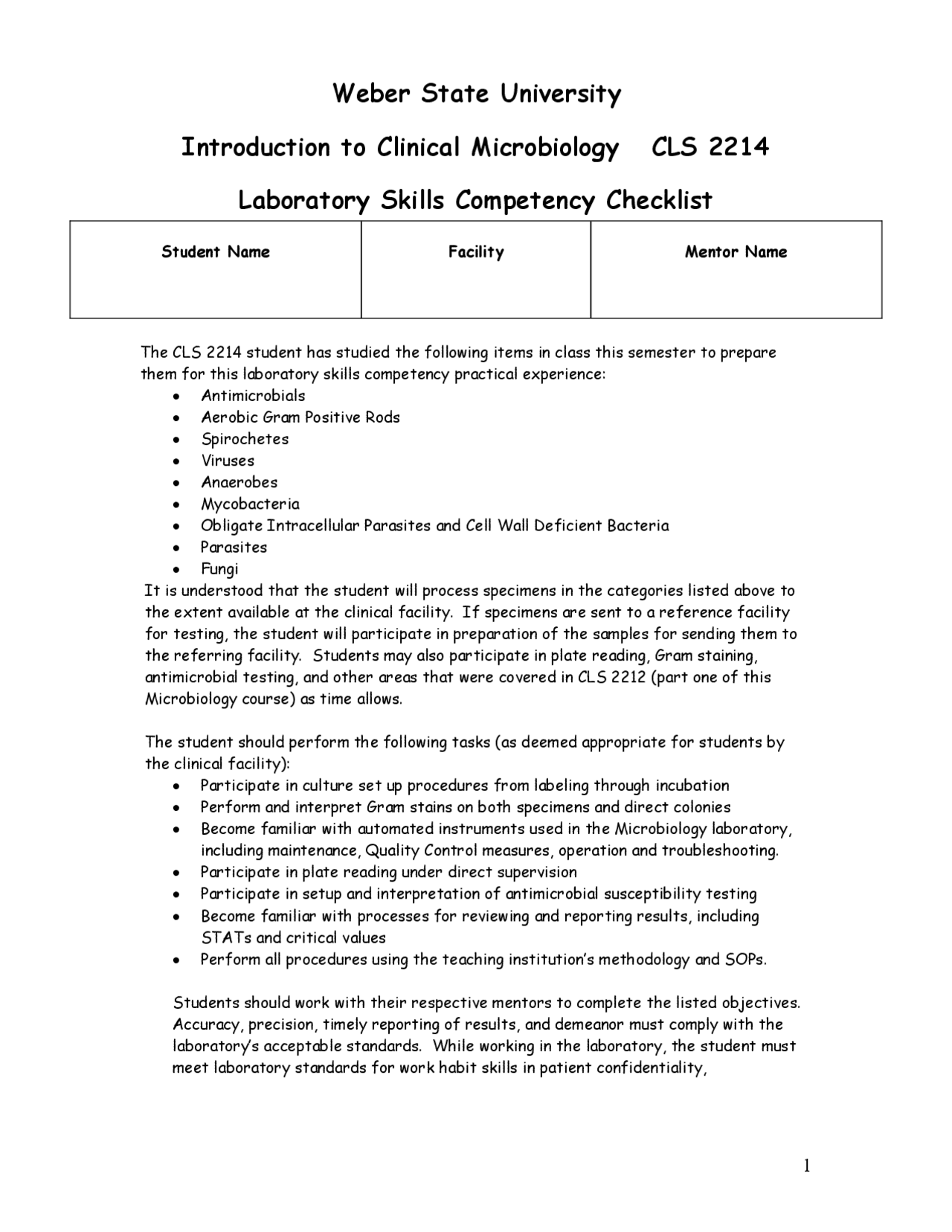 Laboratory Skills Competency Checklist | Clinical Microbiology | CLS ...