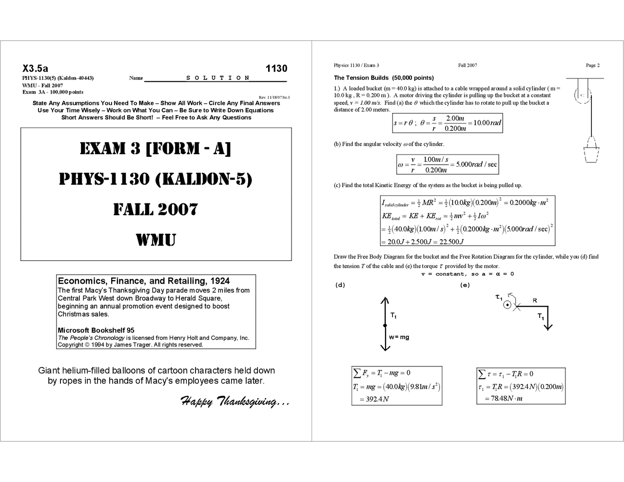 Exam 3 Questions with Solutions | General Physics I | PHYS 1130 - Docsity