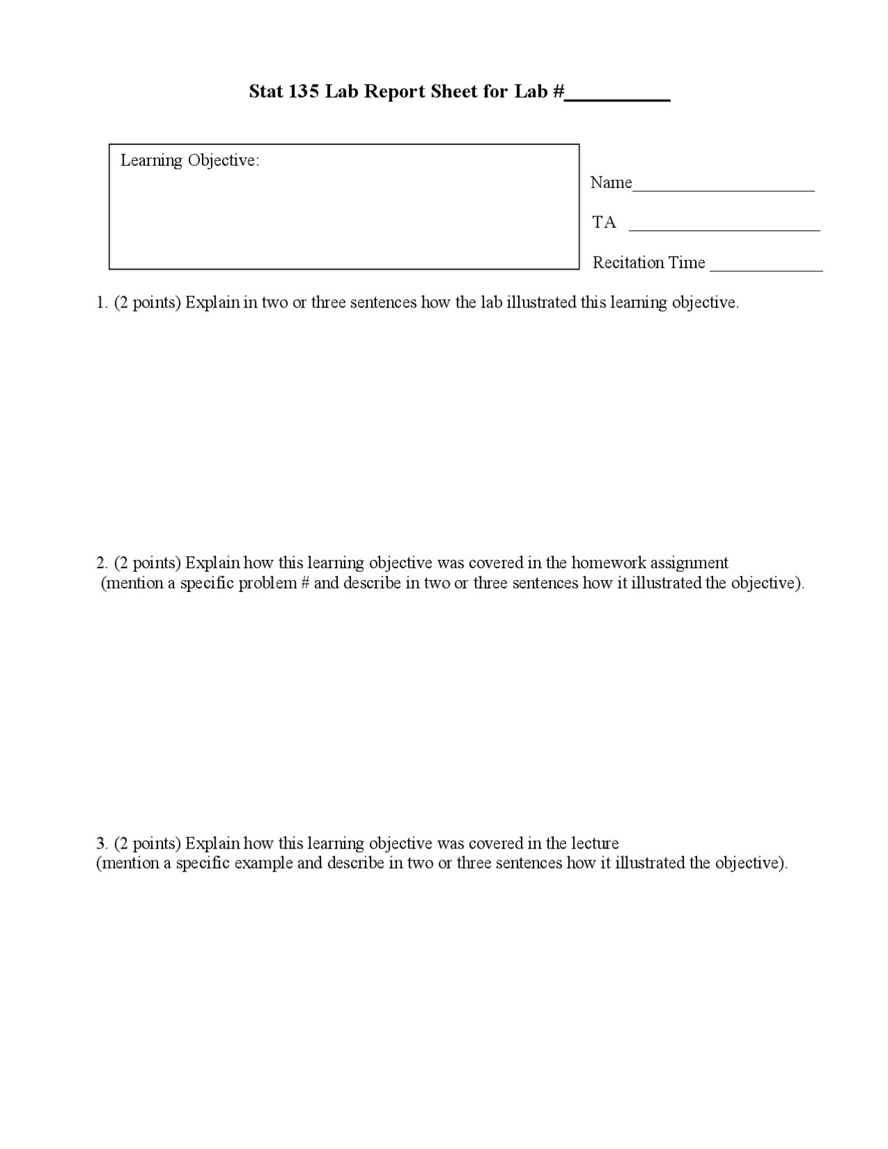 Lab Report Sheet for Learning Objective | Elementary Statistics | STAT ...