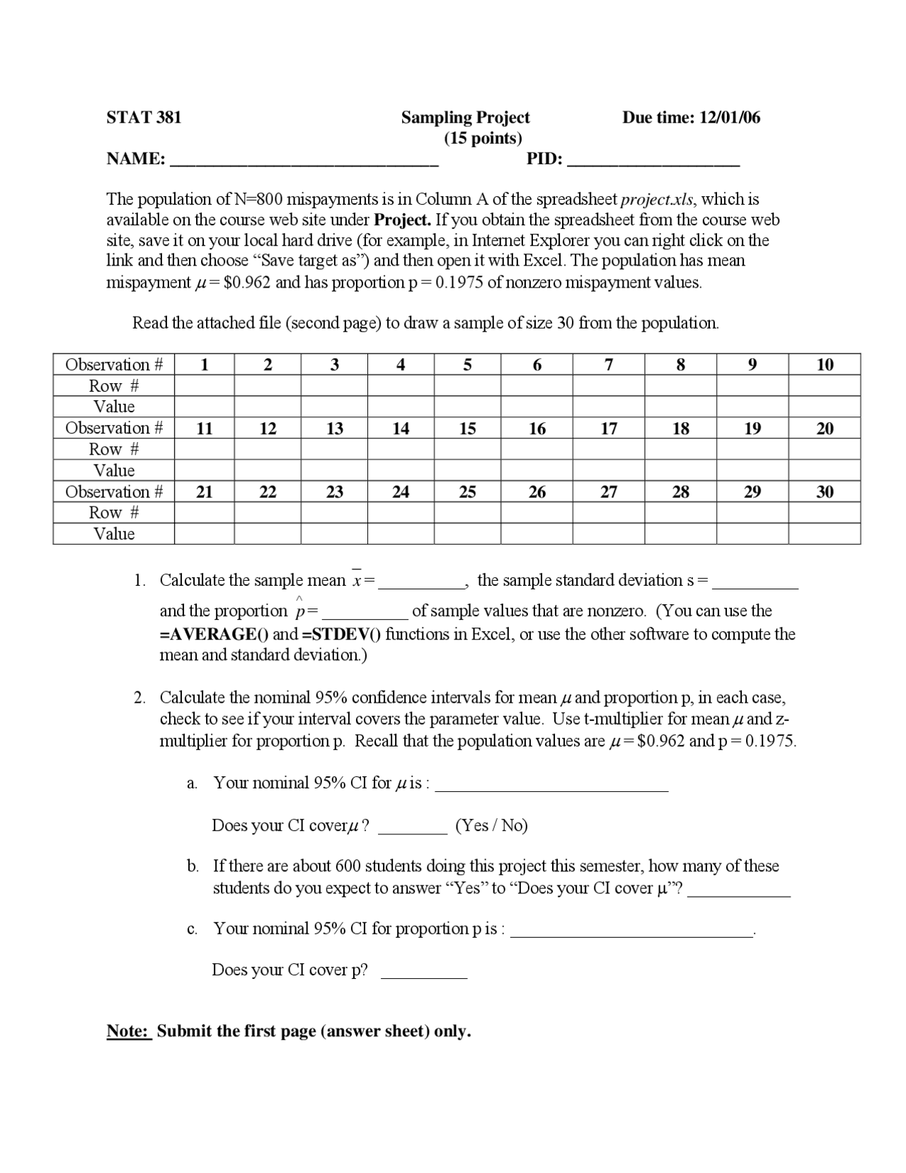 Sampling Project - Applied Statistical Methods I | STAT 381 - Docsity