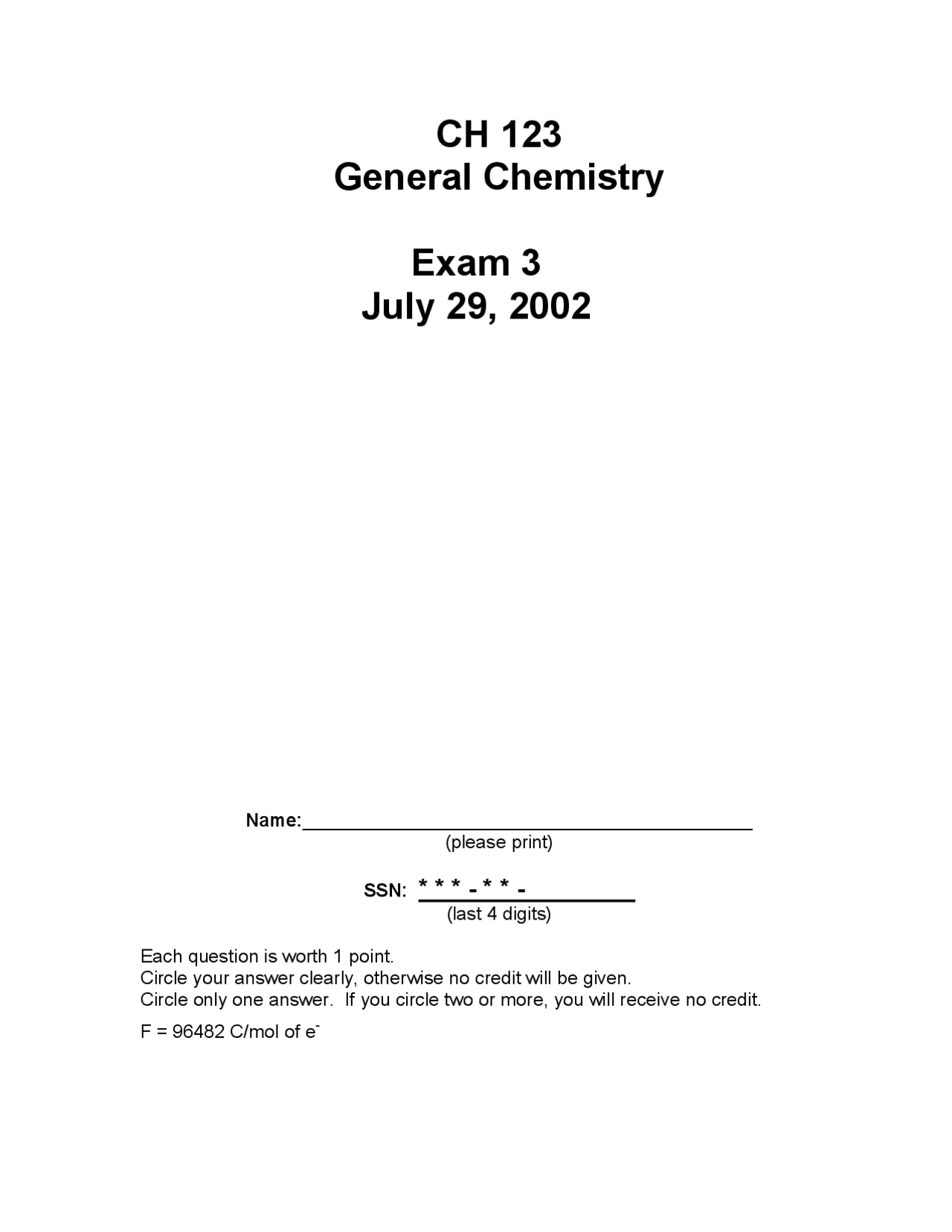 20 MCQs for Exam 3 - General Chemistry II | CH 123 - Docsity
