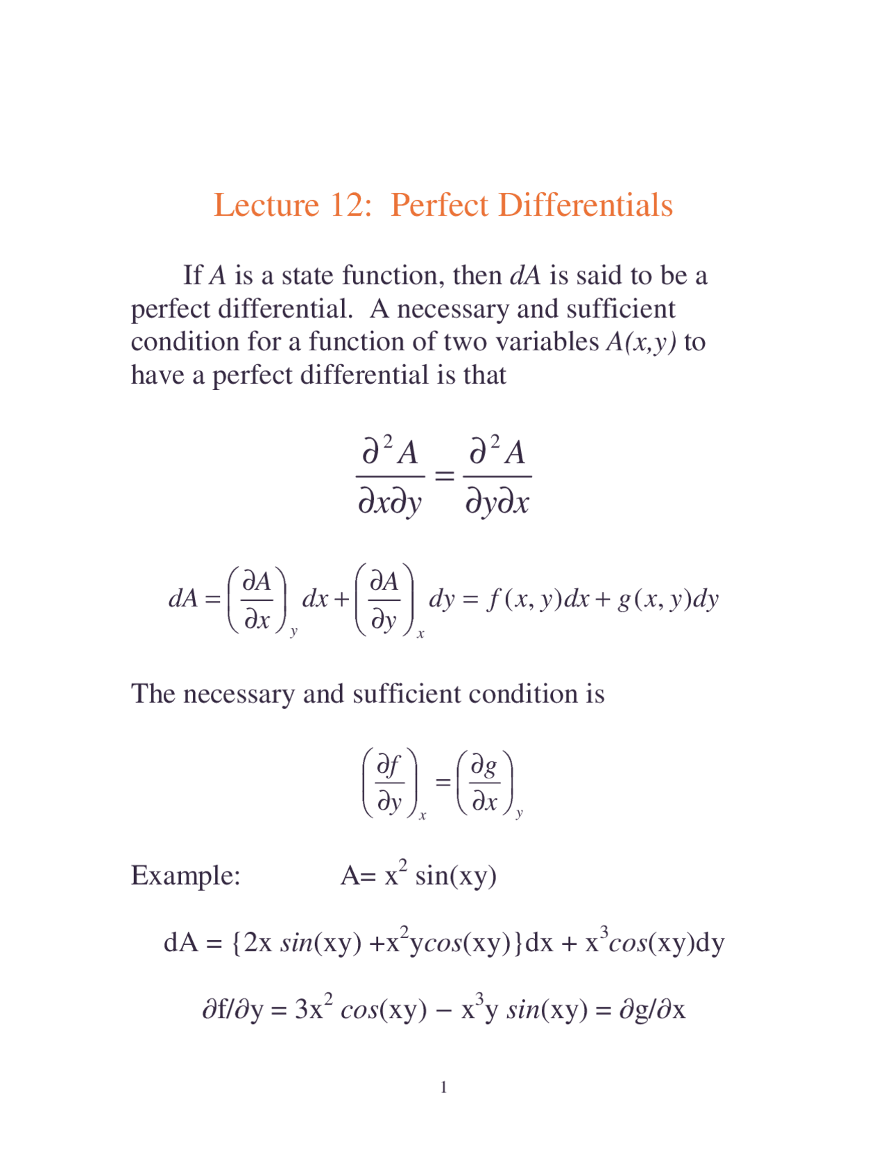 Positive Differential Notes on Perfect Differentials - Physical Chemistry I | CHEM 342 - Docsity