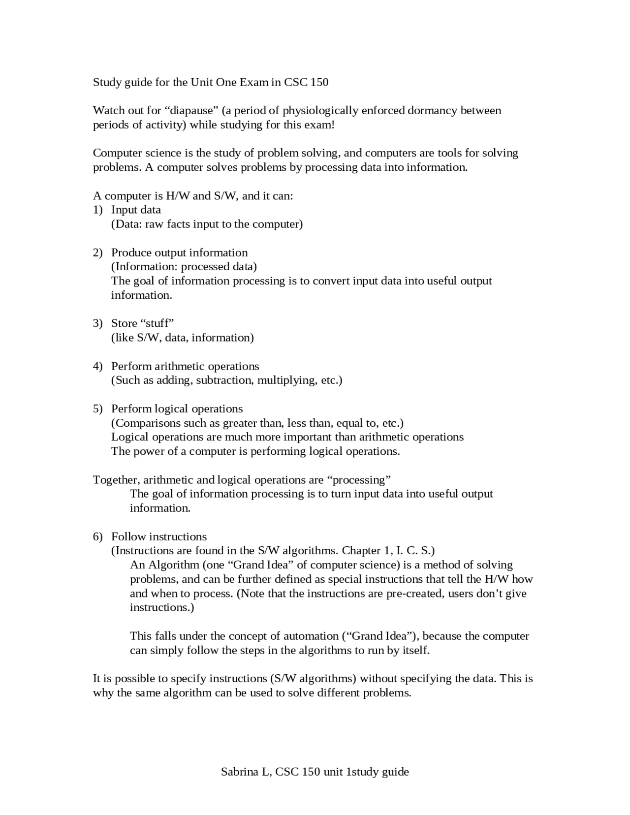 Study Guide for Exam 1 - Foundations of Computer Science | CSC 150 ...