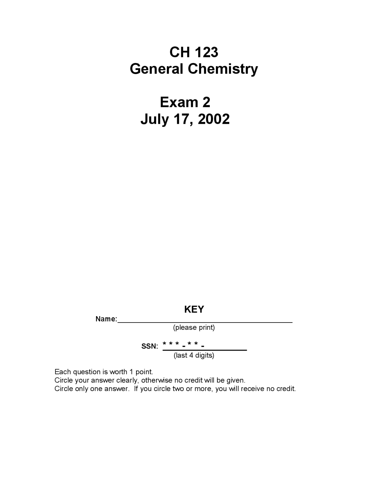 20 Questions with Answers on General Chemistry II | CH 123 - Docsity